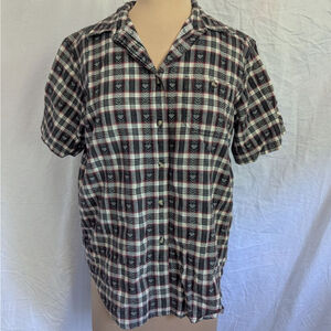 Vtg Bobbie Brooks Short Sleeve 100% Cotton Shirt Plaid Heart Print Women's Sz L